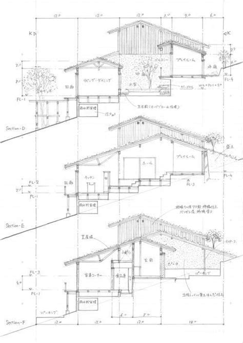 Three Drawings Of The Front And Back Sections Of A House With