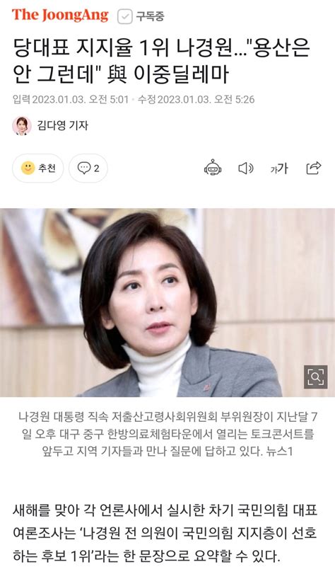 중앙 당대표 지지율 1위 나경원 용산은 안 그런데 與 이중딜레마 정치 시사 에펨코리아