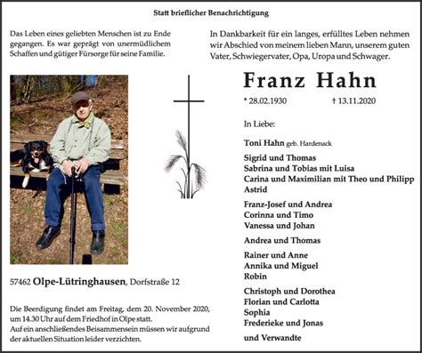 Traueranzeigen Von Franz Hahn Trauer In NRW De