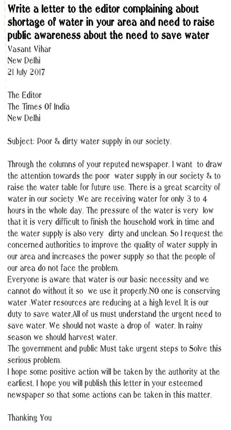 Writea Letter To The Editor Complaining Him About Shortage Of Clean