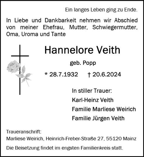 Traueranzeigen Von Hannelore Veith Vrm Trauer De