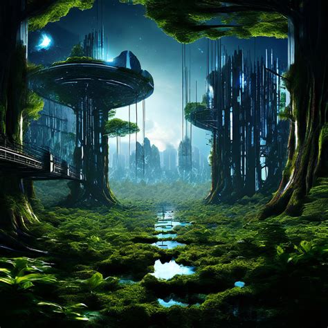 Digital art depicting a futuristic forest landscape.It depic... by ...