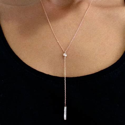 Diamond 14k Solid Gold Lariat Necklace Dainty Pavé Etsy Australia