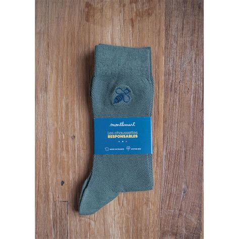 Chaussettes brodées homme MONTLISOCKS kaki clair made in France en