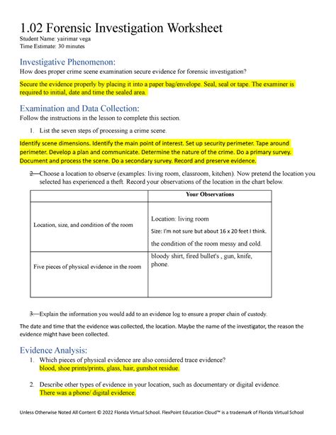 Forensic Investigation Worksheet Forensic Investigation