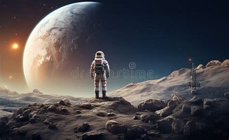 Colorful Illustration Of Astronaut In Space Suit And Helmet Exploring Alien Planet With