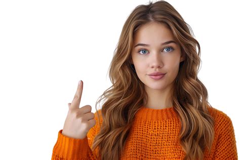 Confident Woman Dressed Orange Sweater Pointing Finger Empty Space On