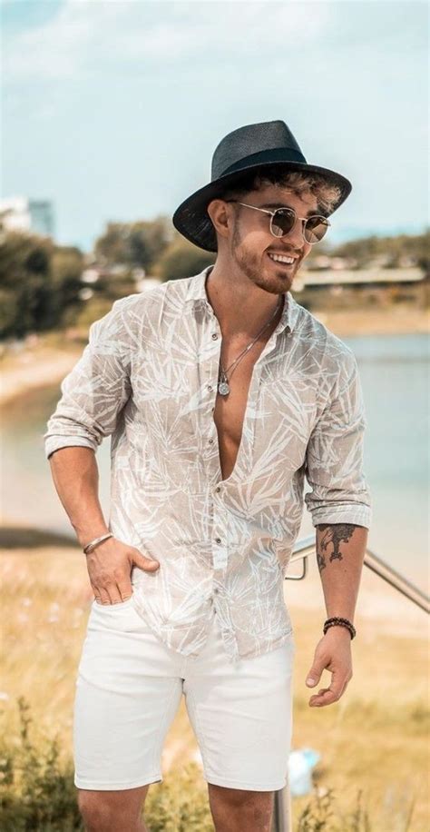 White Beach Pant Shorts Wardrobe Ideas With Beige Shirt Hat Beach Outfit Men Mens Clothing