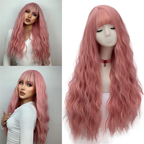 Netgo Womens Pink Wig Long Fluffy Curly Wavy Hair Wigs