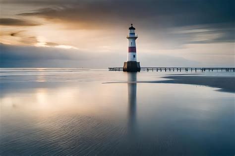 Premium AI Image | a lighthouse sits on the water at sunset.