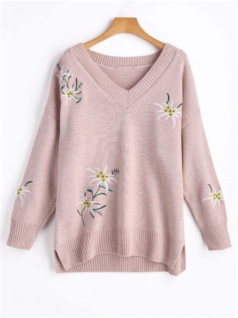 [29 Off] 2021 V Neck Floral Embroidered Slit Sweater In Shallow Pink