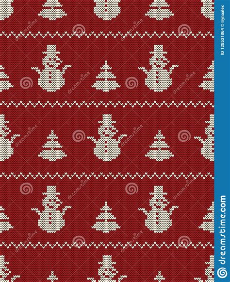 Seamless Knitted Pattern With Christmas Trees And Snowmen On A Red