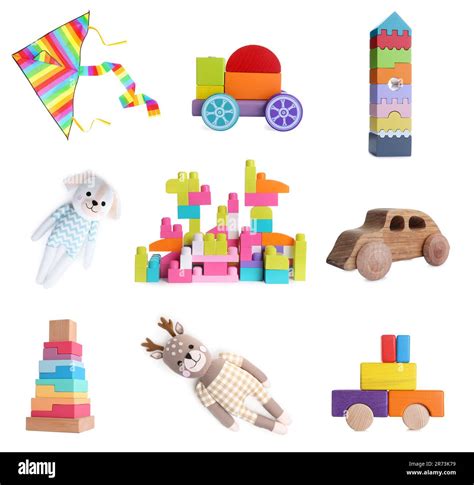 Collage With Many Different Toys On White Background Stock Photo Alamy