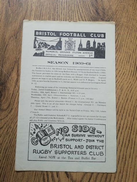 Bristol V Bedford Apr 1961 Rugby Programme Rugbyreplay