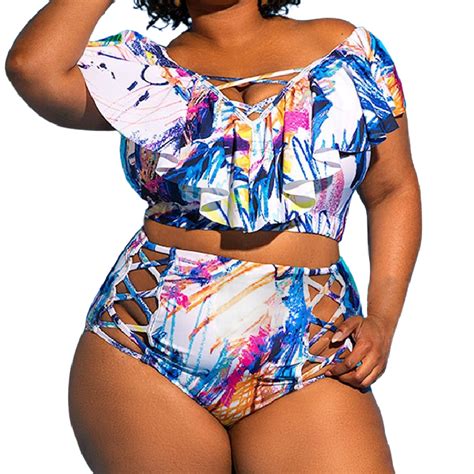 Women S Big High Waist Printed Plus Size Bikini Swimwear