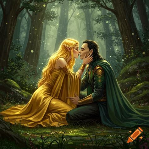 Blonde Freya And Loki In Green Robes Lean In For A Kiss In An Enchanted