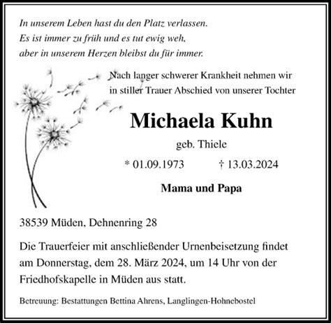 Traueranzeigen Von Michaela Kuhn Trauer Anzeigen De