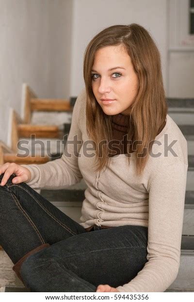 Cute Brunette Sexy Girl Posing Sitting Stock Photo Shutterstock