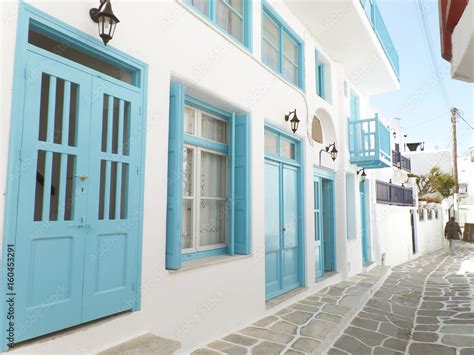 Charming Small Alley With White And Blue Colored Buildings Mykonos