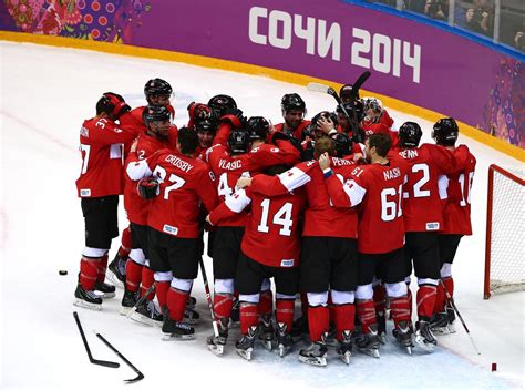 Canada Players Celebrate Their Victory During The Men S Ice Hockey