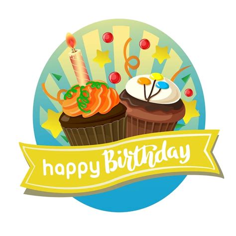 Étiquette De Joyeux Anniversaire Avec Cupcake Vecteur Premium