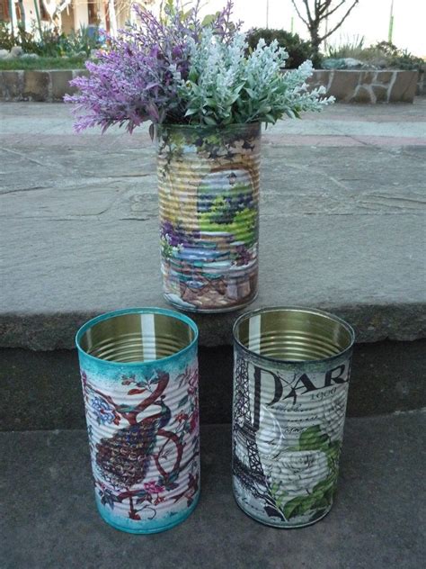 Vintage Tin Cans For Farmhouse D Cor Decoupage Tin Cans Etsy Yard Art