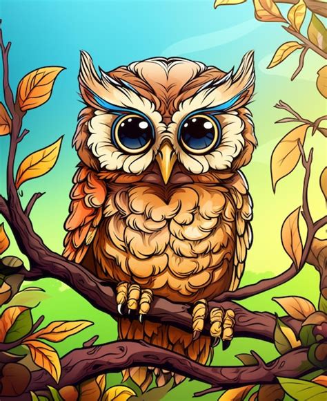 Premium Ai Image Cartoon Owl Sitting On A Branch With Leaves And Blue Eyes Generative Ai