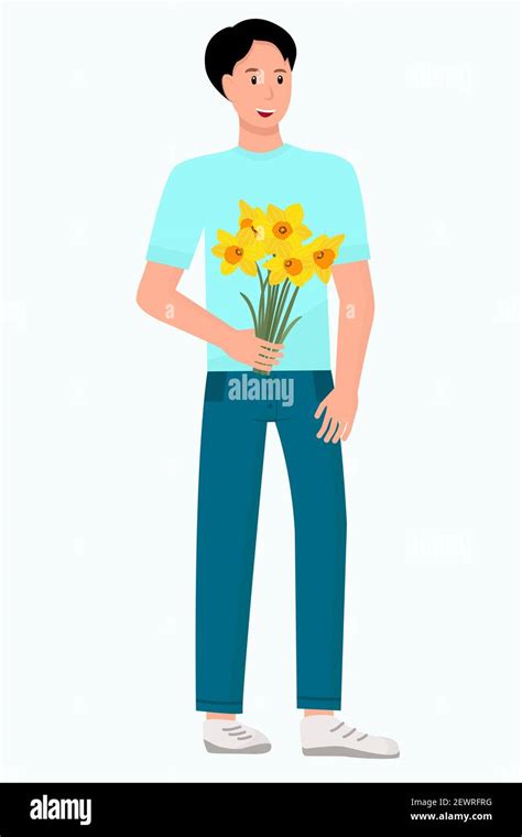 Guy With A Bouquet Of Flowers A Man With Yellow Flowers In His Hand