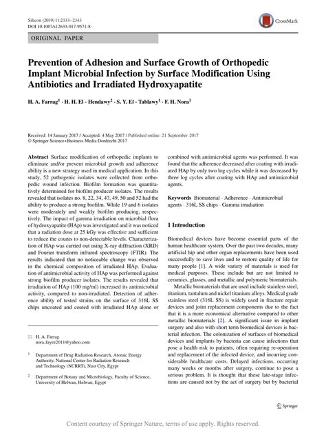 Prevention Of Adhesion And Surface Growth Of Orthopedic Implant Microbial Infection By Surface