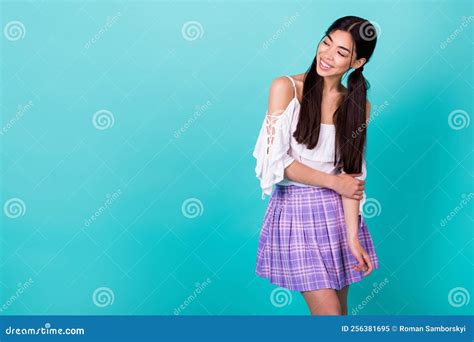 Portrait Of Cheerful Gorgeous Filipino Lady Toothy Smile Look Empty