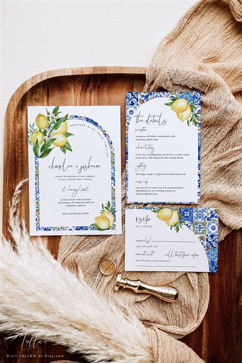 Italian Blue Tiles And Lemon Wedding Invitation Template Mediterranean