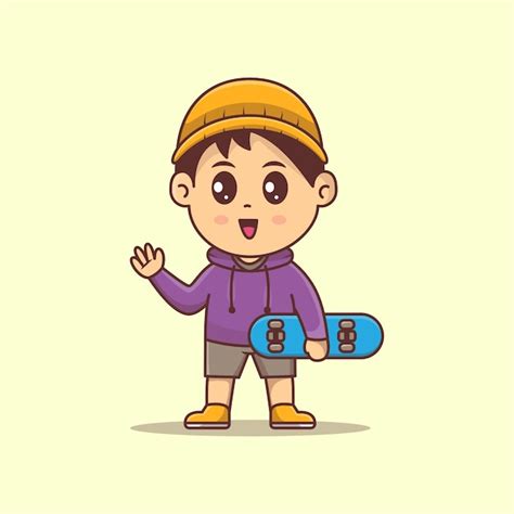 Gar On Mignon Tenant Skatebord Vecteur Kawaii Illustration Gar On Tenir