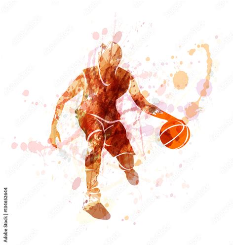 Colored vector silhouette of basketball player with ball wall mural ...