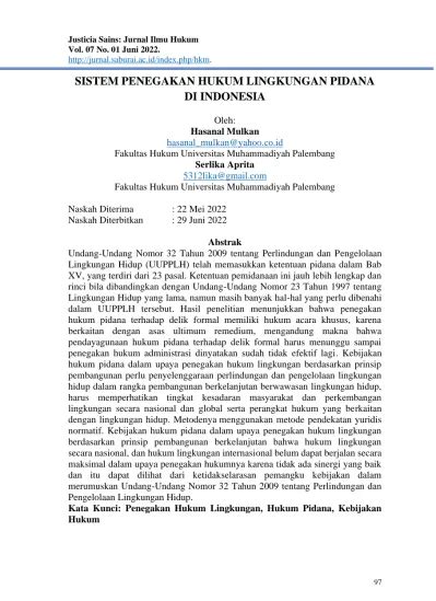 Sistem Penegakan Hukum Lingkungan Pidana Di Indonesia