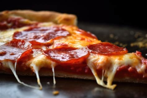 close    slice  pepperoni pizza  cheese  sauce visible