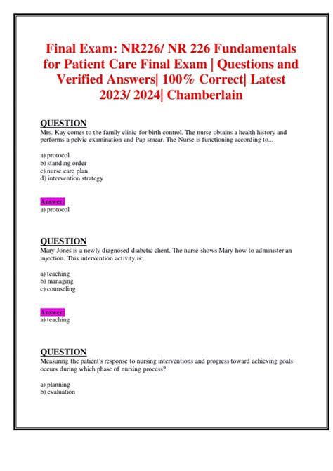 Final Exam Nr Nr Fundamentals For Patient Care Final Exam