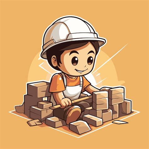 Ilustra O De Um Menino Bonito Construindo Uma Parede Tijolos