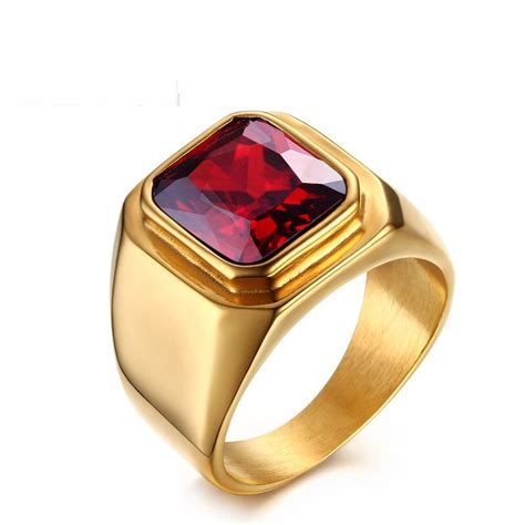 2019 Casual Mens Ring Red Cz Stone Square Top Stainless Steel Gold