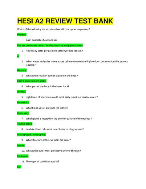 HESI A2 REVIEW TEST BANK HESI A2 Anatomy And Physiology HESI A2