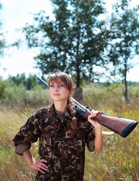 Young Beautiful Girl With A Shotgun Outdoor Stock Photo Image Of