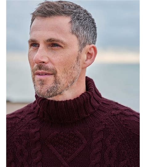 Dark Plum Pure Wool Knitted Aran Polo Neck Jumper Woolovers Uk