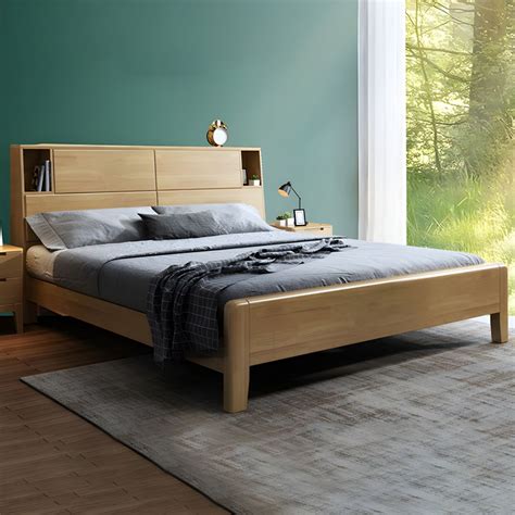 Solid Wood Bed Frame With Headboard Scandinavian Bed With Storage