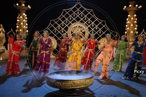 Image Of Young Women Performing Indian Traditional Dance In A Telugu