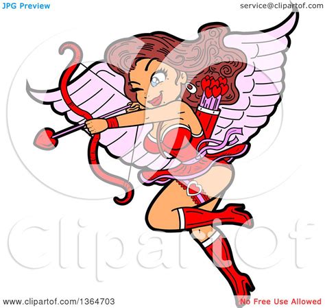 Clipart Of A Cartoon Sexy Brunette White Female Cupid Flying And Aiming