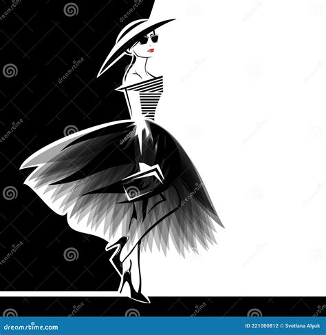 Vector Portrait Of Haute Couture Fashion Model Wearing Dress And Wide