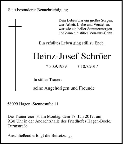 Traueranzeigen von Heinz Josef Schröer Trauer in NRW de