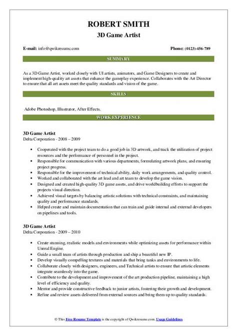 D Game Artist Resume Samples Qwikresume