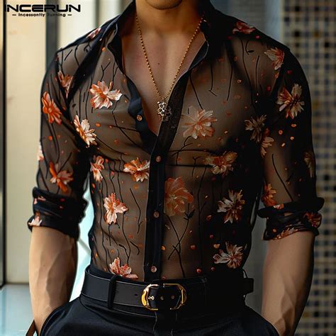 Incerun Camisa De Malla Con Estampado De Flores Para Hombre Ropa De Calle Con Solapa 3