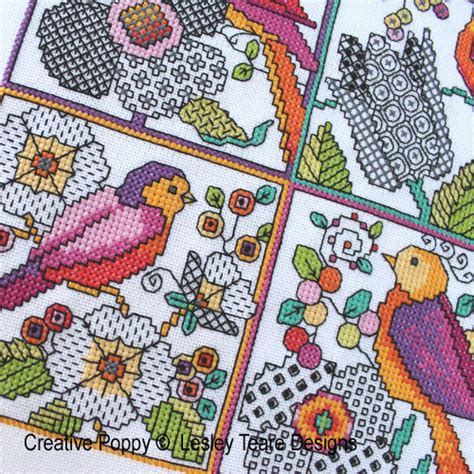 Lesley Teare Designs Blackwork Flowers With Birds Cross Stitch Pattern