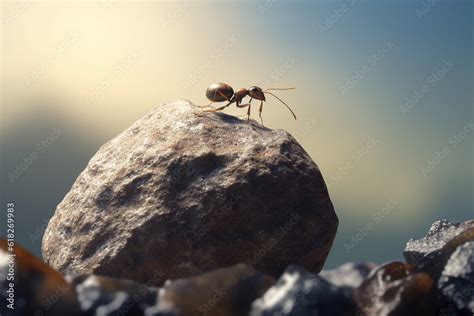 Persistent Ant Sisyphus Rolls Stone Uphill On Mountain Created With